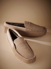 Taupe Brown Signature Suede Faux Fur Lined Moccasin Slippers - Image 1 of 5