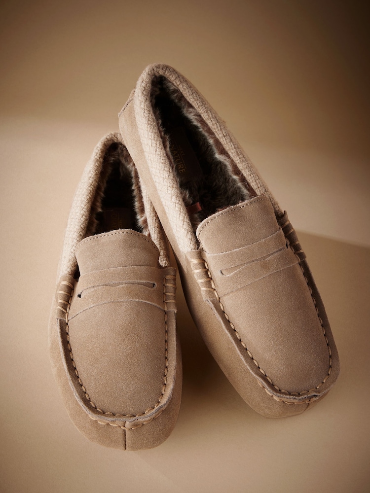 Taupe Brown Signature Suede Faux Fur Lined Moccasin Slippers - Image 2 of 5