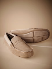 Taupe Brown Signature Suede Faux Fur Lined Moccasin Slippers - Image 3 of 5