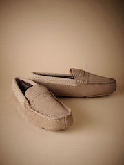 Taupe Brown Signature Suede Faux Fur Lined Moccasin Slippers - Image 4 of 5