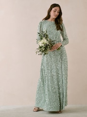 Maya Green All Over Embellished Long Sleeve Modest Maxi Dress - Image 1 of 4