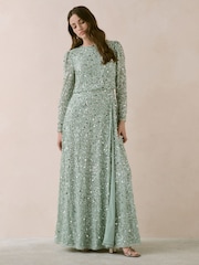 Maya Green All Over Embellished Long Sleeve Modest Maxi Dress - Image 2 of 4