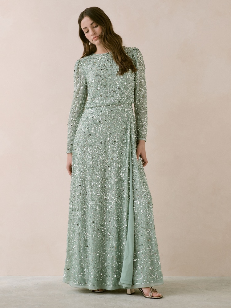 Maya Green All Over Embellished Long Sleeve Modest Maxi Dress - Image 2 of 4