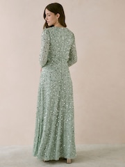 Maya Green All Over Embellished Long Sleeve Modest Maxi Dress - Image 3 of 4