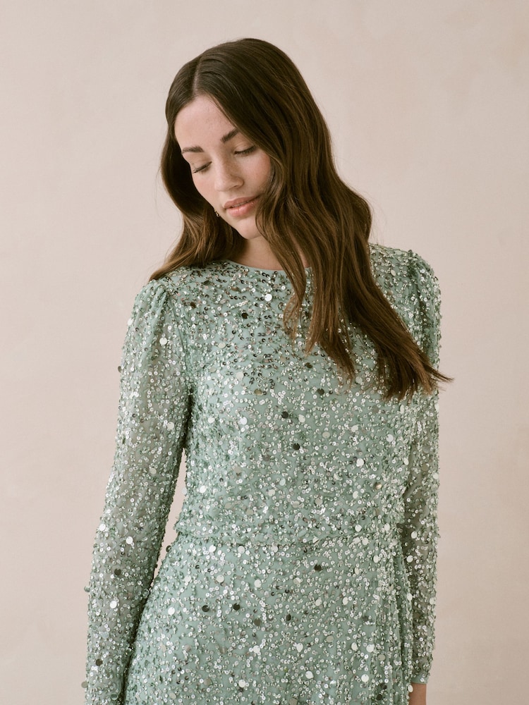 Maya Green All Over Embellished Long Sleeve Modest Maxi Dress - Image 4 of 4
