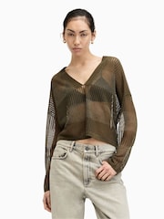 AllSaints Green AllSaints Green Misha V-Neck Jumper - Image 1 of 6