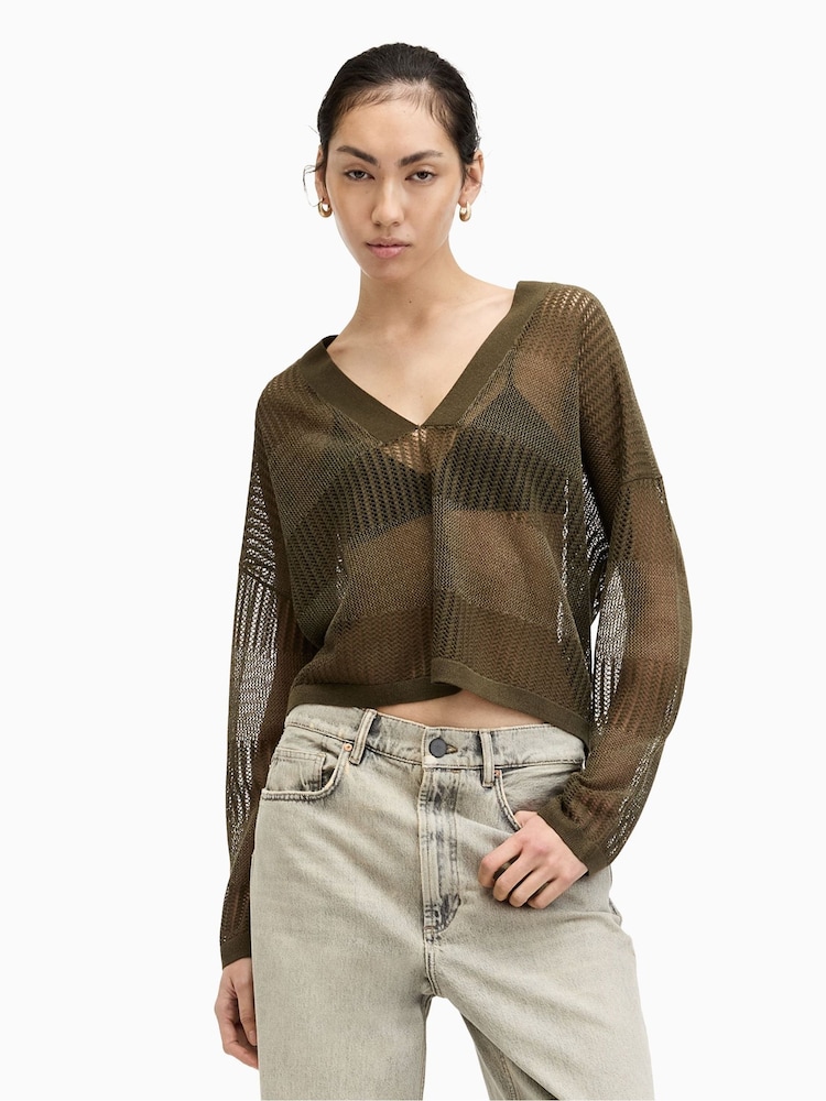 AllSaints Green AllSaints Green Misha V-Neck Jumper - Image 1 of 6