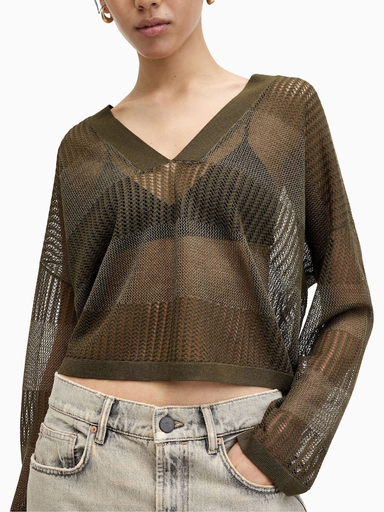 AllSaints Green AllSaints Green Misha V-Neck Jumper - Image 2 of 6