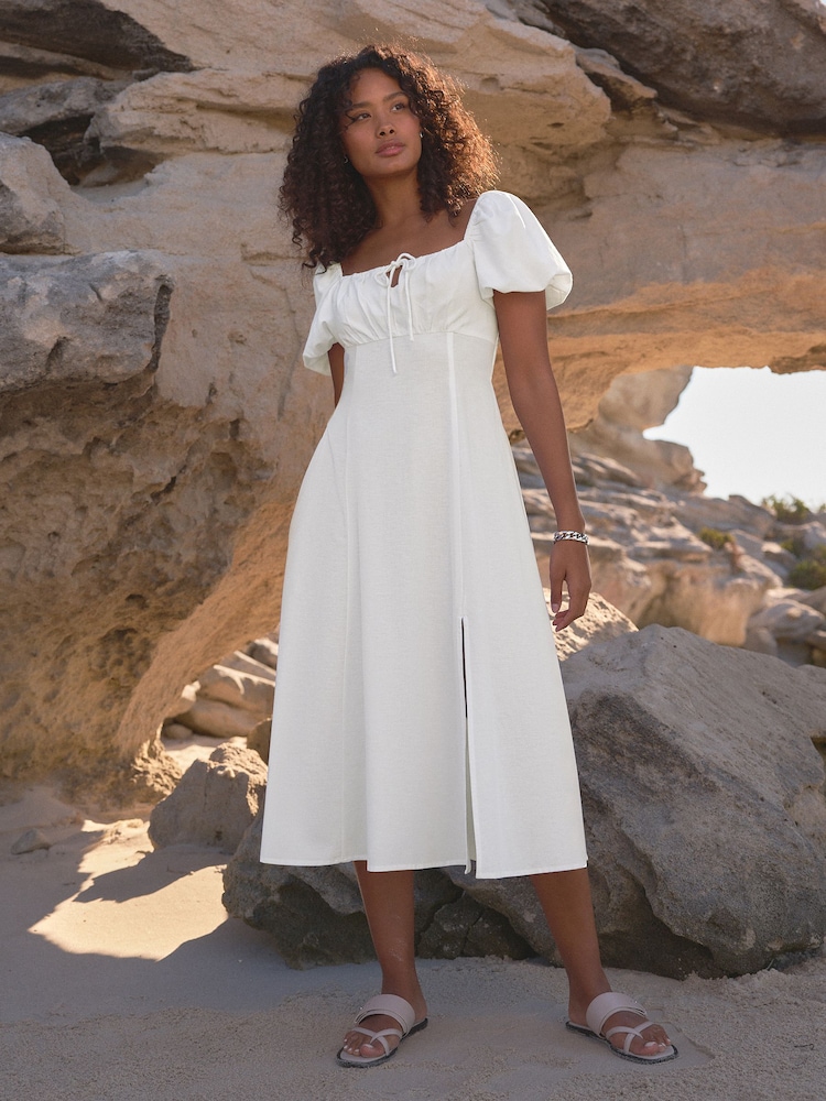 White Puff Sleeve Midi Dress - Image 2 of 8