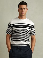 Reiss White/Navy Lory Mercerised Cotton Striped Crew Neck T-Shirt - Image 1 of 6