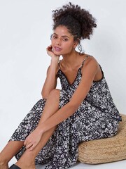 Dusk Black Ditsy Floral Button Detail Midi Skirt - Image 1 of 5