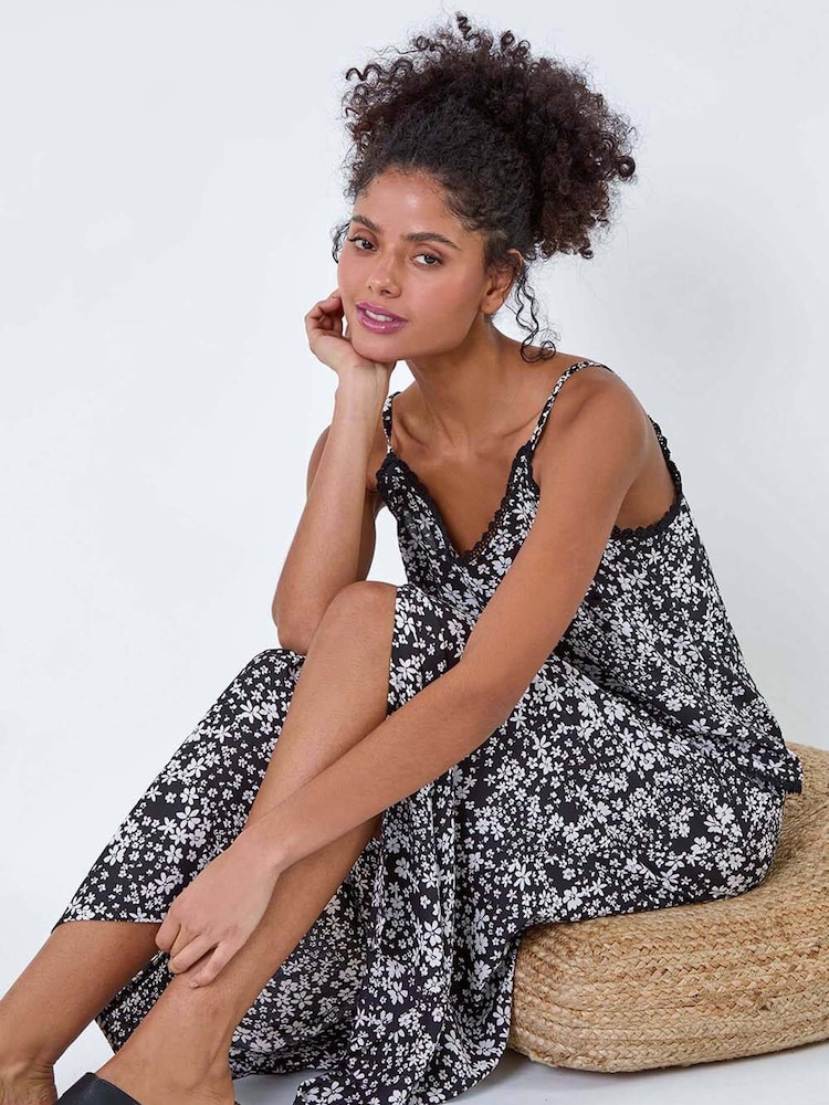 Dusk Black Ditsy Floral Button Detail Midi Skirt - Image 1 of 5