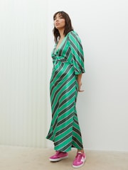 Oliver Bonas Green Diagonal Stripe Twist Midi Dress - Image 1 of 9