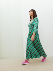 Oliver Bonas Green Diagonal Stripe Twist Midi Dress - Image 3 of 9
