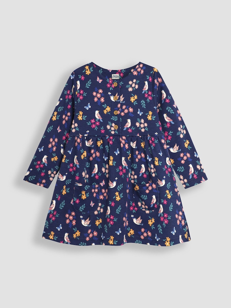 JoJo Maman Bébé Navy Blue Bird & Butterfly Button Front Dress - Image 1 of 4