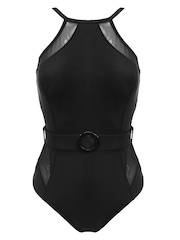 Pour Moi Black Shoreline High Neck Mesh Belted Swimsuit - Image 3 of 4
