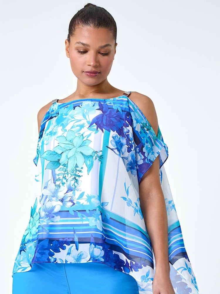 Roman Blue Floral Print Cold Shoulder Overlay Top - Image 1 of 5