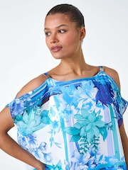 Roman Blue Floral Print Cold Shoulder Overlay Top - Image 4 of 5