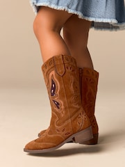 Tan Brown Suede Butterfly Western Boots - Image 1 of 11