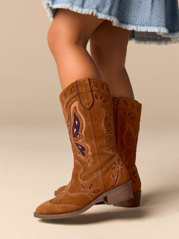 Tan Brown Suede Butterfly Western Boots - Image 1 of 11