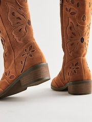 Tan Brown Suede Butterfly Western Boots - Image 10 of 11