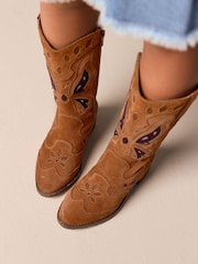 Tan Brown Suede Butterfly Western Boots - Image 4 of 11
