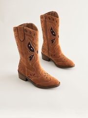 Tan Brown Suede Butterfly Western Boots - Image 5 of 11