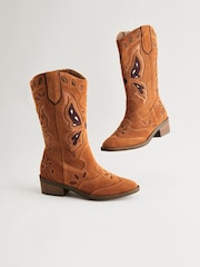 Tan Brown Suede Butterfly Western Boots - Image 6 of 11