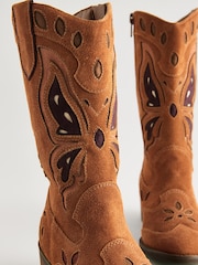 Tan Brown Suede Butterfly Western Boots - Image 8 of 11