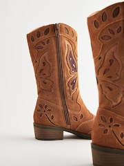 Tan Brown Suede Butterfly Western Boots - Image 9 of 11