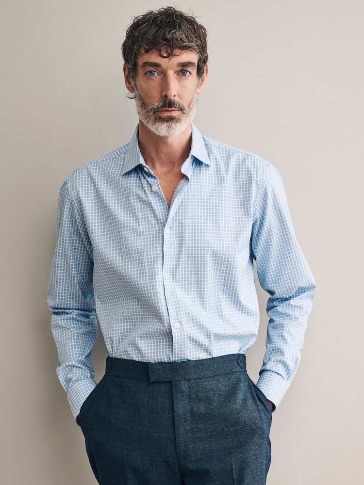 Blue Check Slim Fit Premium Two-Fold Cotton Shirt - Image 1 of 7