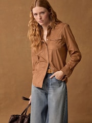 Tan Brown Long Sleeve Faux Suede Shirt - Image 1 of 8