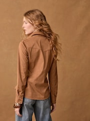 Tan Brown Long Sleeve Faux Suede Shirt - Image 2 of 8