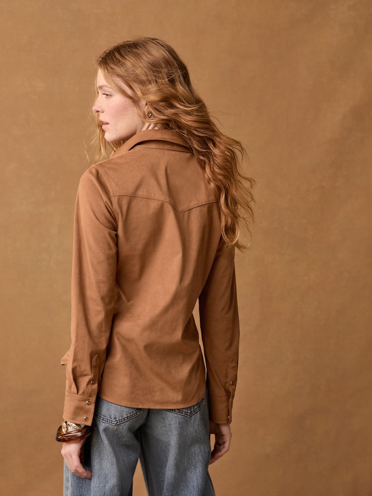 Tan Brown Long Sleeve Faux Suede Shirt - Image 2 of 8