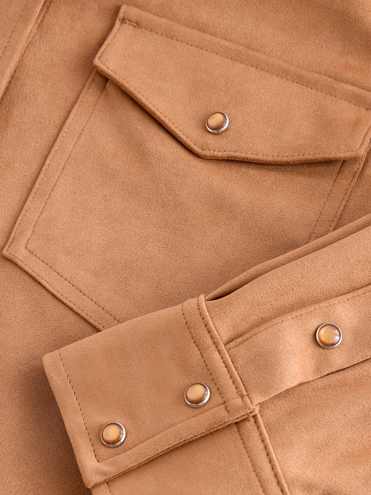 Tan Brown Long Sleeve Faux Suede Shirt - Image 8 of 8