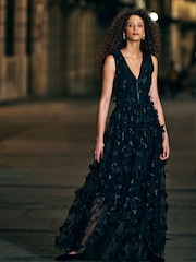Black 3D Floral Print Textured V-Neck Maxi Dress - Image 1 of 10