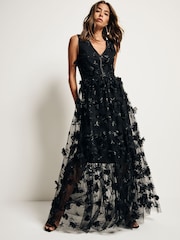 Black 3D Floral Print Textured V-Neck Maxi Dress - Image 4 of 10