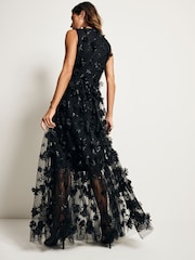 Black 3D Floral Print Textured V-Neck Maxi Dress - Image 5 of 10