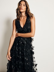 Black 3D Floral Print Textured V-Neck Maxi Dress - Image 6 of 10