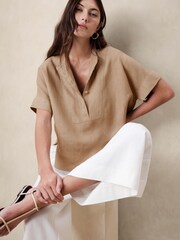 Banana Republic Brown Linen Popover Short Sleeve Shirt - Image 1 of 1