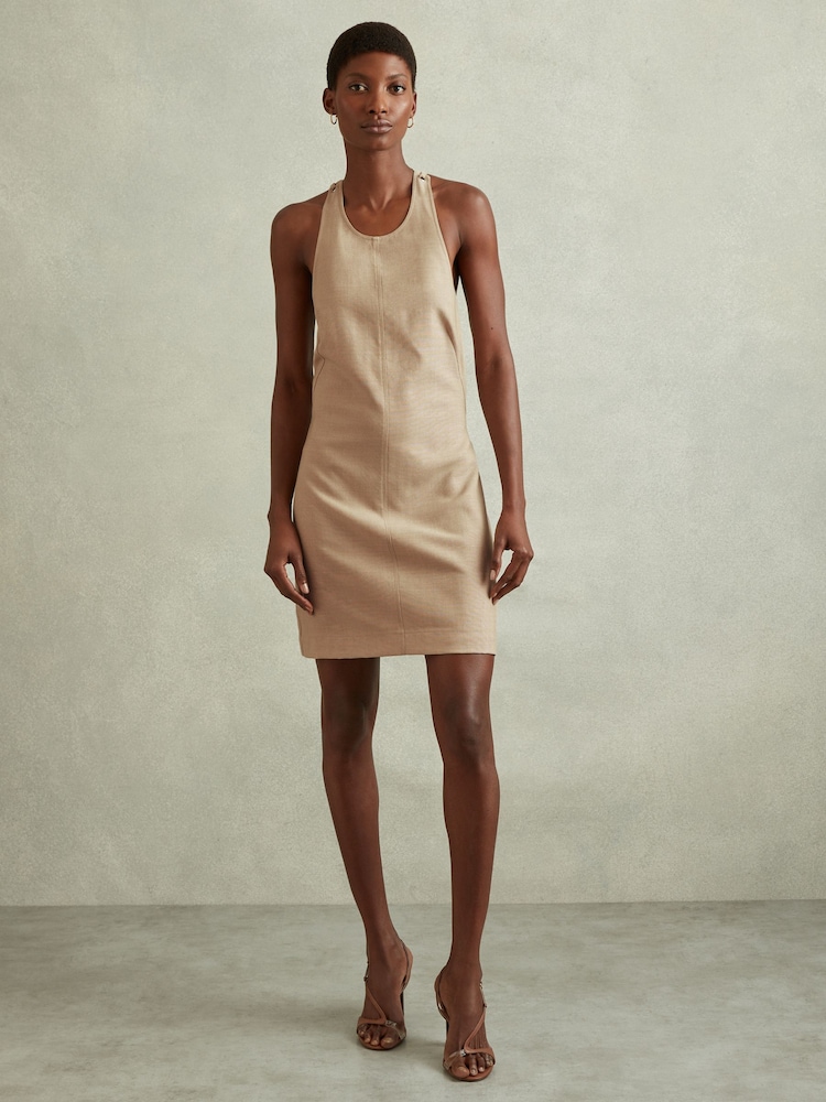 Reiss Neutral Cecily Wool Strappy Tie Back Mini Dress - Image 1 of 5