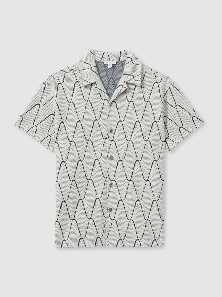 Reiss Ecru/Navy Enzzo Jacquard Cuban Collar Shirt - Image 2 of 4
