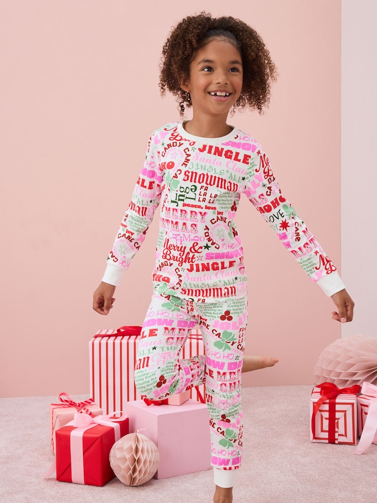 White/Pink Typography 100% Cotton Christmas Pyjamas (9mths-16yrs) - Image 1 of 8