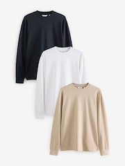 Bleu marine/blanc/pierre - Coupe décontractée à manches longues lourde 100% coton T-Chemises 3 Lot - Image 1 de 12