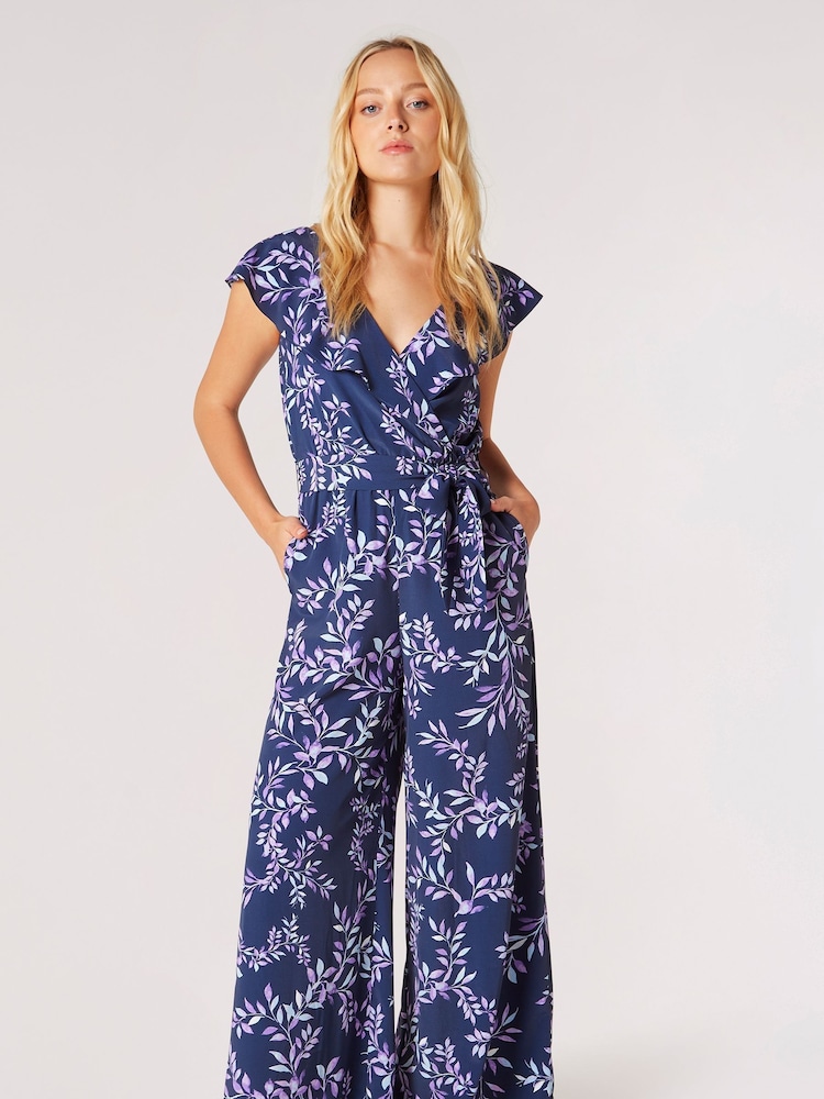 Apricot Blue Ruffle Wrap Leaf Palazzo Jumpsuit - Image 1 of 5