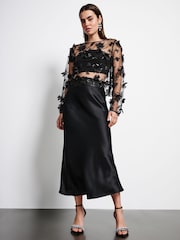 Black 3D Floral Long Sleeve Mesh Top - Image 1 of 8