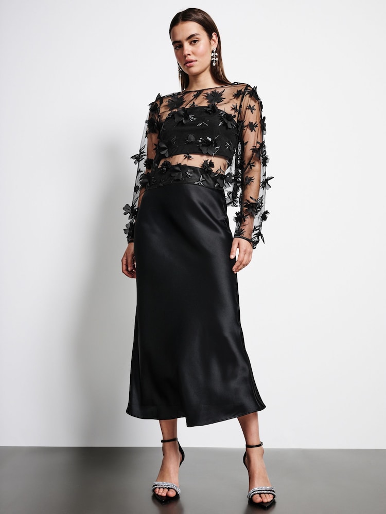 Black 3D Floral Long Sleeve Mesh Top - Image 1 of 8