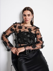 Black 3D Floral Long Sleeve Mesh Top - Image 2 of 8