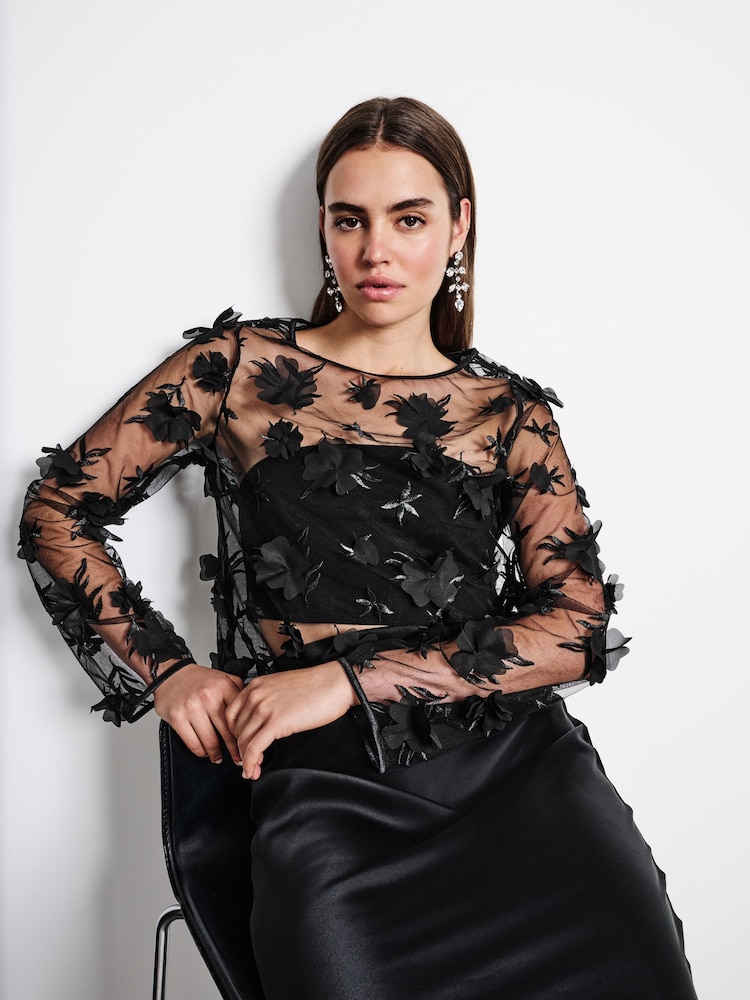 Black 3D Floral Long Sleeve Mesh Top - Image 2 of 8
