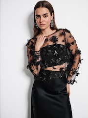 Black 3D Floral Long Sleeve Mesh Top - Image 3 of 8